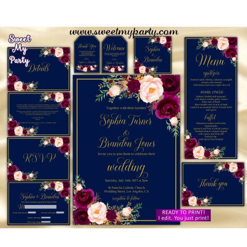 Navy Burgundy Wedding Invitation suite, Maroon Wedding invitation set, (84)